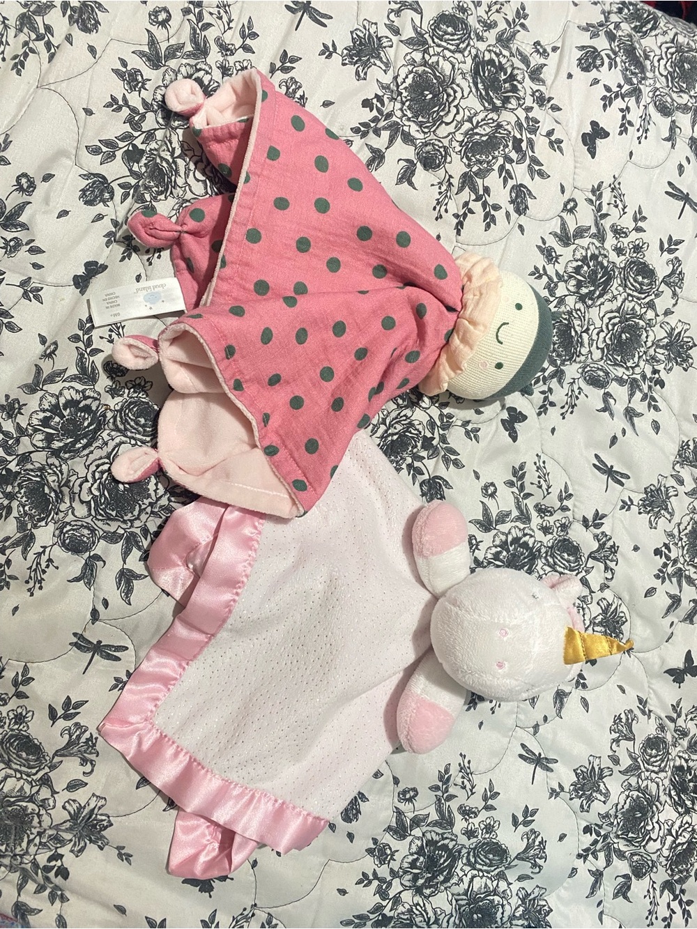 Cloud Island Pink Satin Unicorn Security Blanket and polka dot lady bug lovely